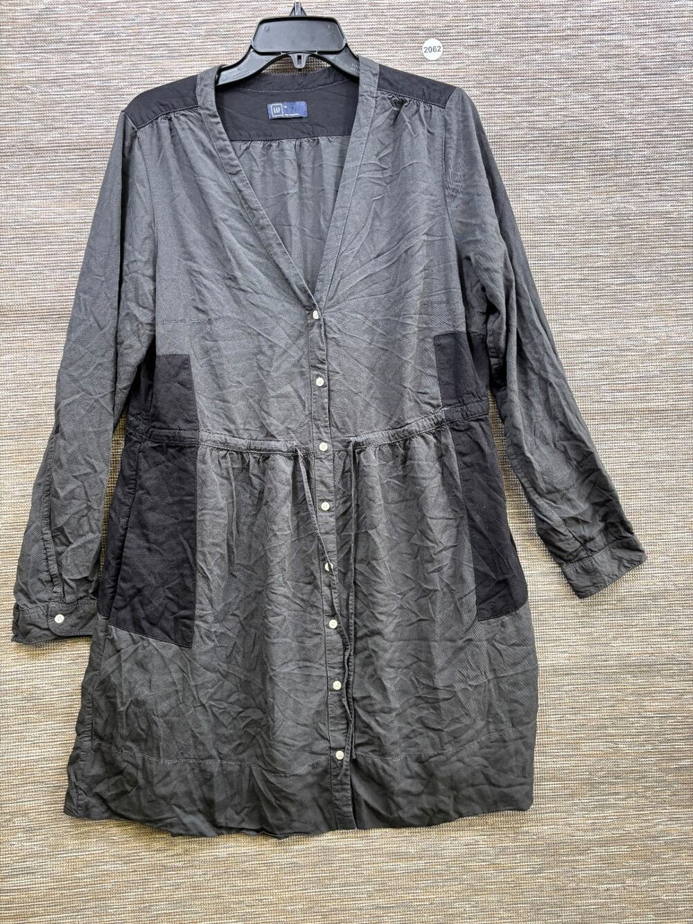 GAP Shirt Dress Womens Size 14 Black Gray Long Sleeve Button Drawstring V-Neck